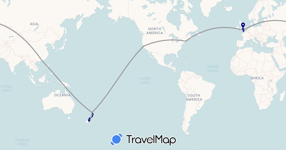 TravelMap itinerary: driving, plane, boat in United Kingdom, Hong Kong, New Zealand, United States (Asia, Europe, North America, Oceania)